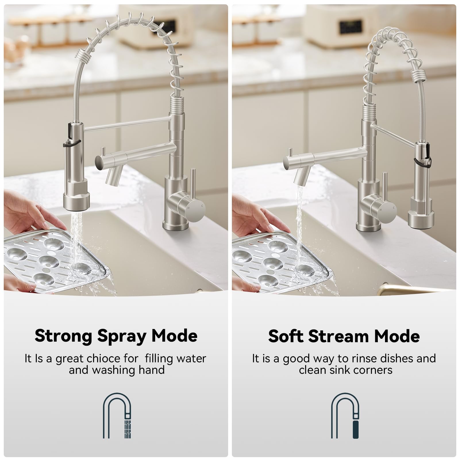 Warmiehomy 5 Modes Kitchen Taps Mixer with Pull Out Spray,High Arc 360° Swivel Dual Spout Pull Down Stainless Steel Kitchen Sink Taps,Brushed Nickel