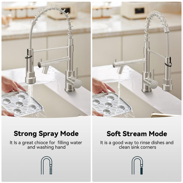 Warmiehomy 5 Modes Kitchen Taps Mixer with Pull Out Spray,High Arc 360° Swivel Dual Spout Pull Down Stainless Steel Kitchen Sink Taps,Brushed Nickel