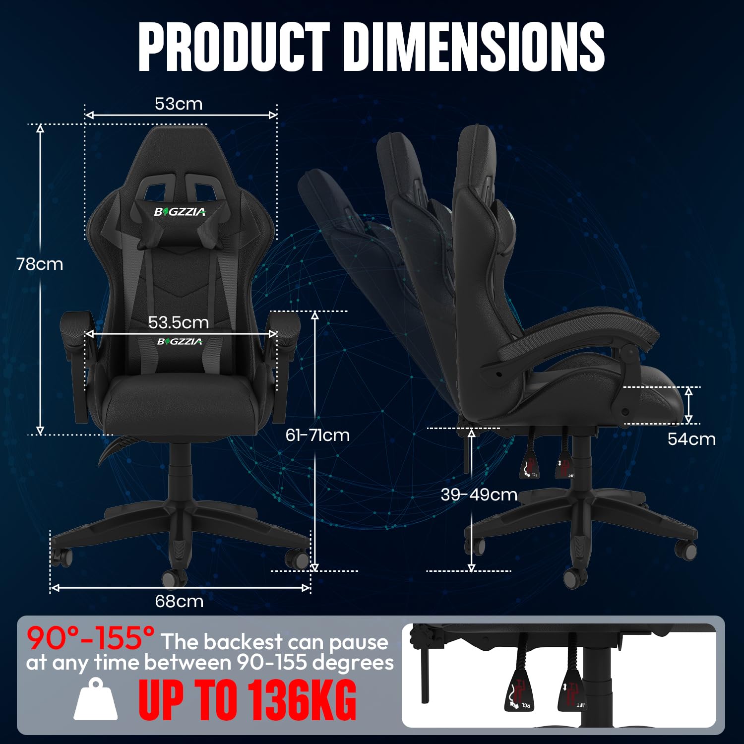 Gaming Chair, Ergonomic Gaming Chair with Heated Seat, Height Adjustable Reclining Video Game Chair with Headrest and Lumbar Support, Big and Tall Gaming Chair for Adults (Basics, Black/Grey)