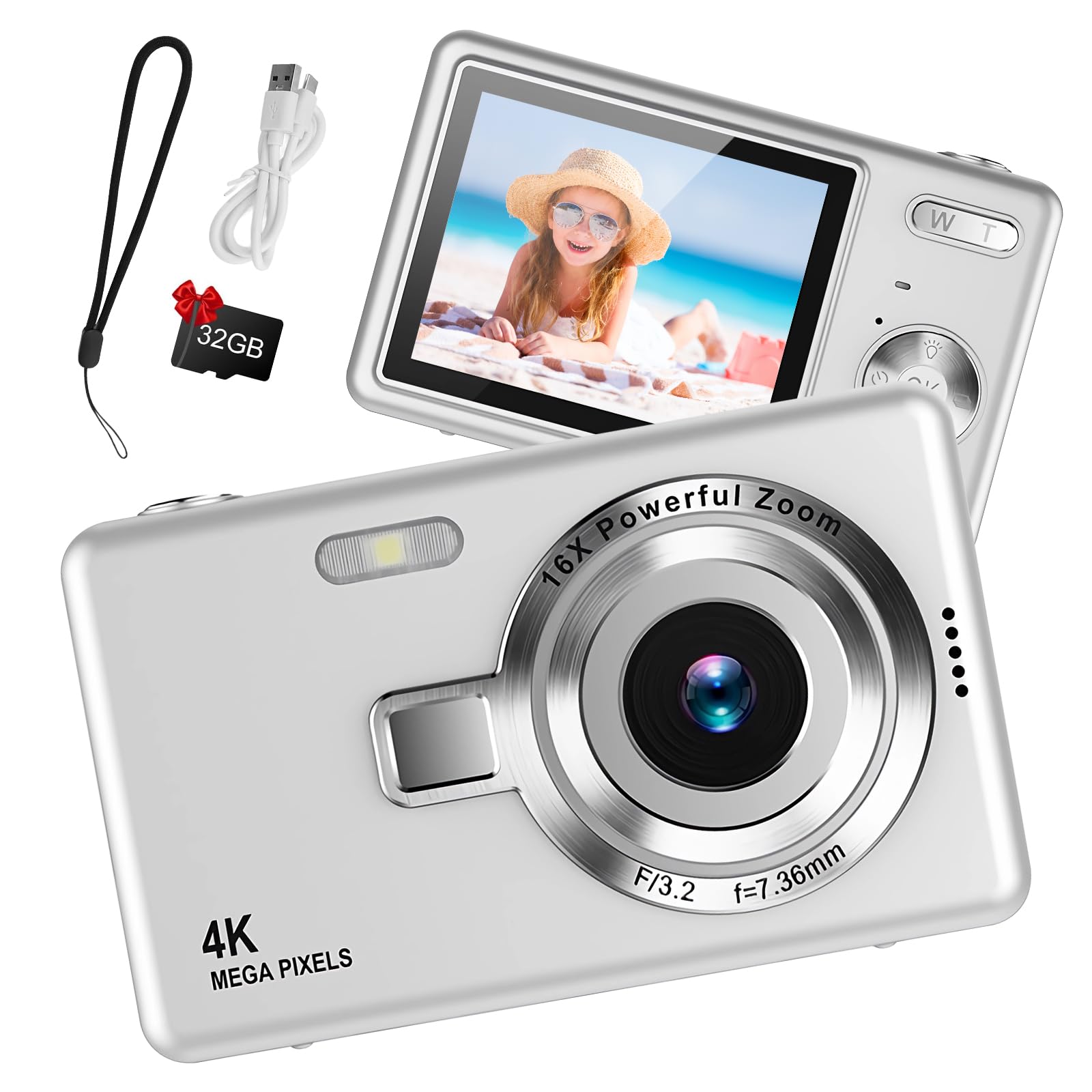 Digital Camera 1080P FHD 44MP with 2.4" LCD Screen,16X Digital Zoom, Compact Portable Vlogging Camera with 32gb SD Card for Kids Teen Students Beginner (Silver)