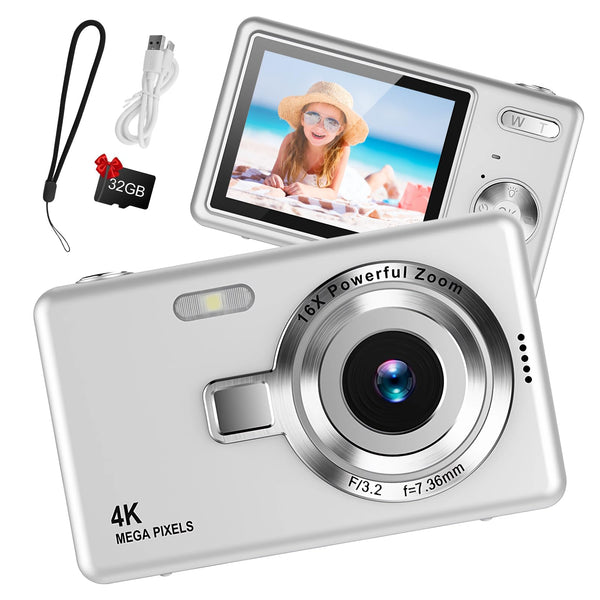Digital Camera 1080P FHD 44MP with 2.4" LCD Screen,16X Digital Zoom, Compact Portable Vlogging Camera with 32gb SD Card for Kids Teen Students Beginner (Silver)