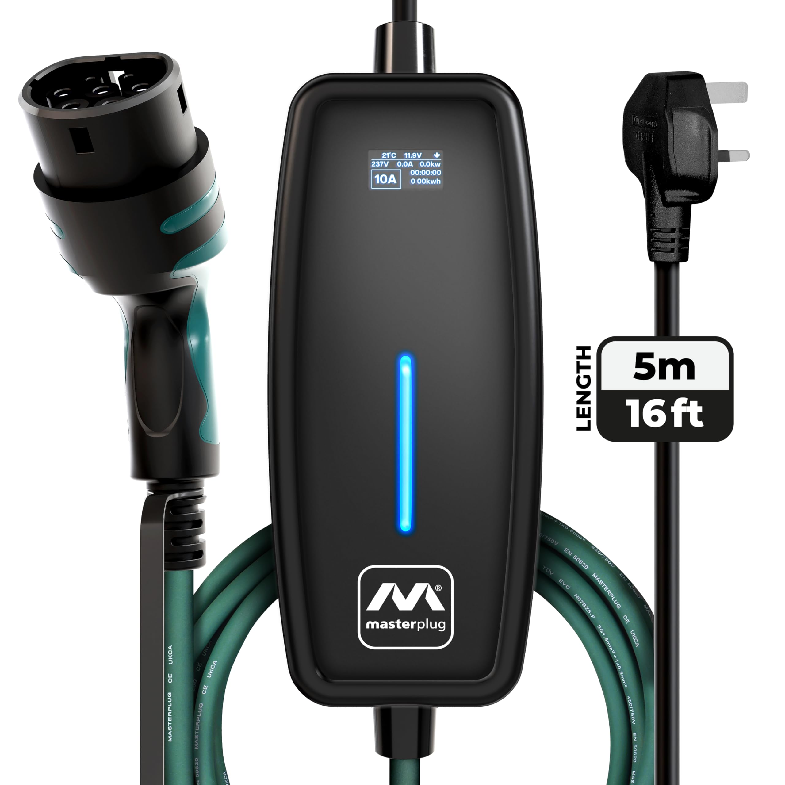 Masterplug EV Charging Cable for Electric and Hybrid Vehicles, 5 Metres, Mode 2, 3 Pin UK Plug to Type 2 Car Charger, 2.4kW, EVCM221005