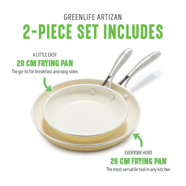 GreenLife Artizan Healthy Ceramic Non-Stick 20 cm and 26 cm Frying Pan Skillet Set, Stainless Steel Handle, PFAS-Free, Induction, Oven Safe, Yellow
