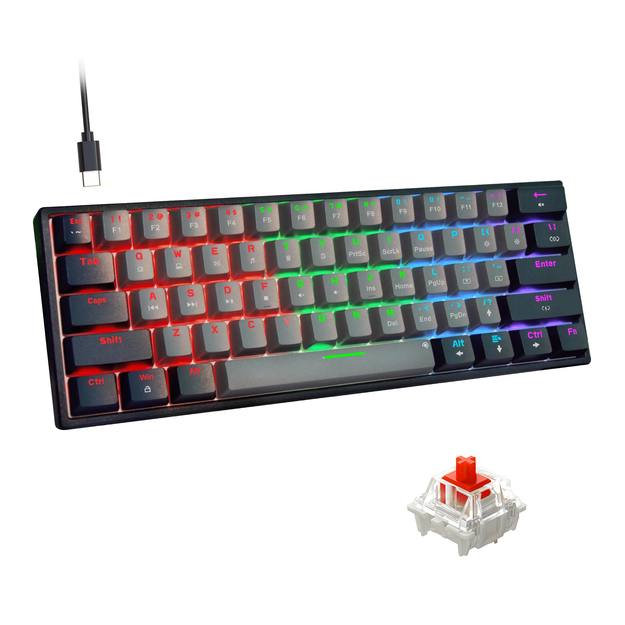 Snpurdiri 60% Wired Mechanical Gaming Keyboard, Mini 61-Key With Red Switches for PC, Windows XP, Win 7, Win 10 (Black-Red)
