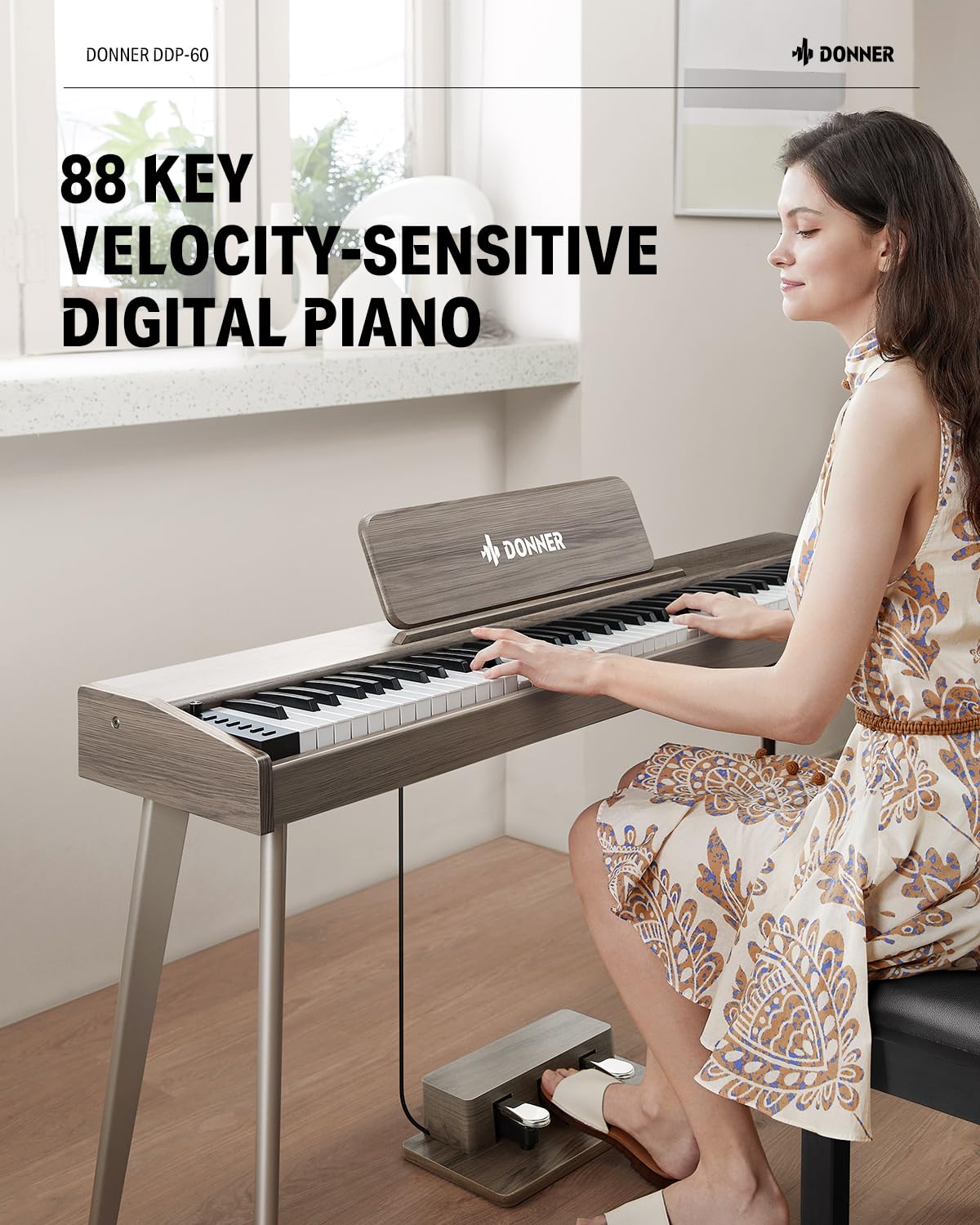Donner DDP-60 88 Key Digital Piano for Beginner, Electric Keyboard with Velocity-Sensitive Keys, 128 Voices, 83 Rhythms, 8 Reverb Effects, 5 Strength Curves, Auto Chord, Gray