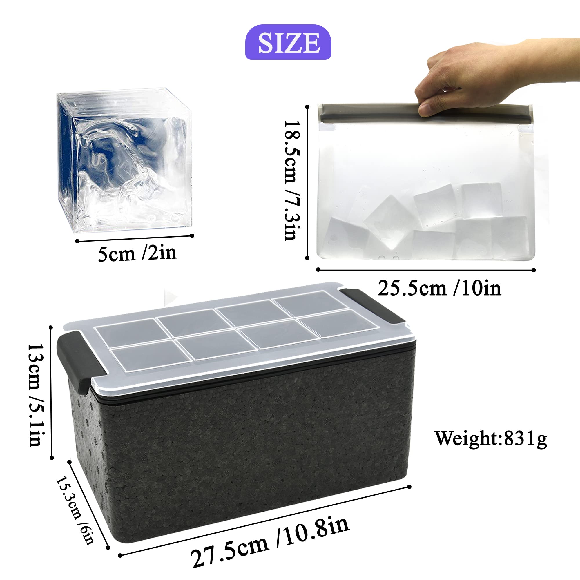 Clear Ice Cube Molds - 2in Giant Ice Cube Maker, 8 Large Clear Ice Cubes for Whiskey and Cocktail with Storage Bag (Cube)