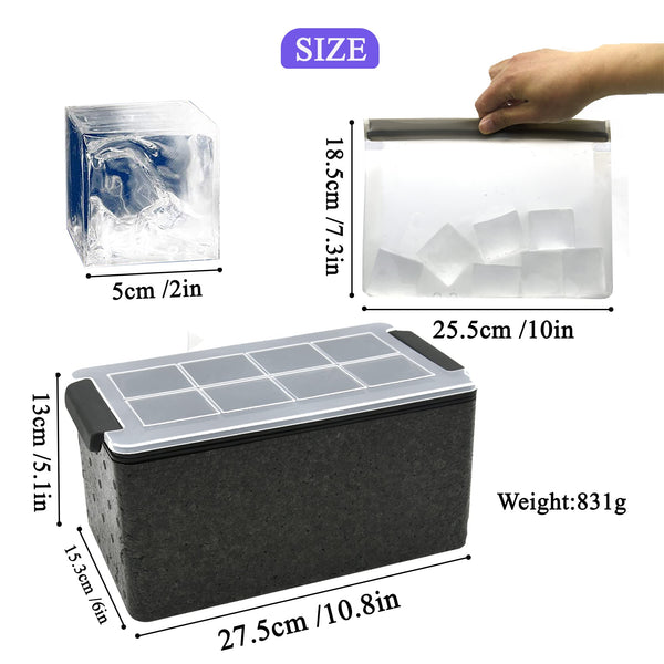 Clear Ice Cube Molds - 2in Giant Ice Cube Maker, 8 Large Clear Ice Cubes for Whiskey and Cocktail with Storage Bag (Cube)