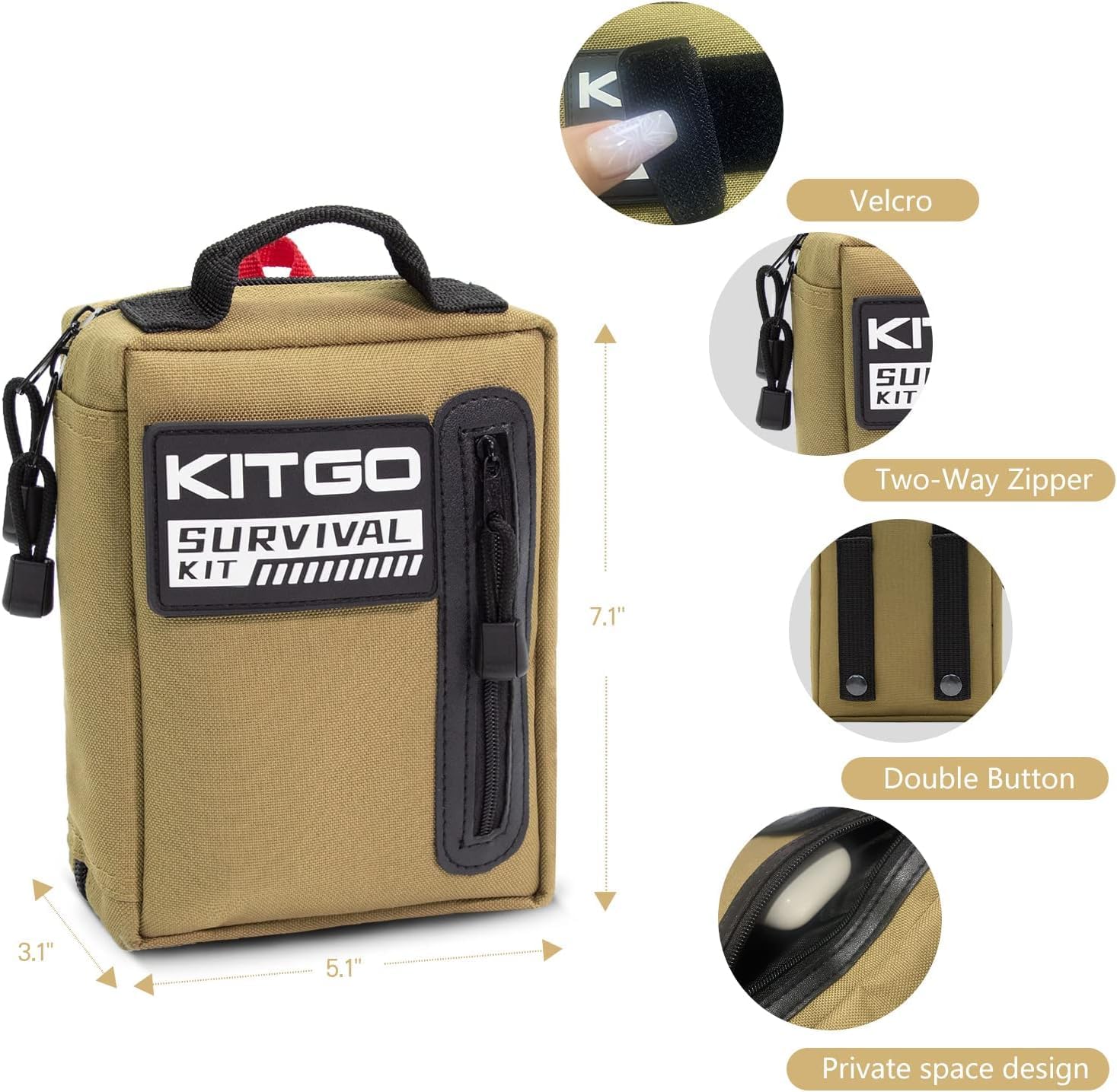 Kitgo Camping Survival Kit First Aid 108 Piece Professional Emergency Survival Gear Tool for Hunting Hiking Outdoor Adventure Fishing Travel Military Tropical Storms (Khaki)