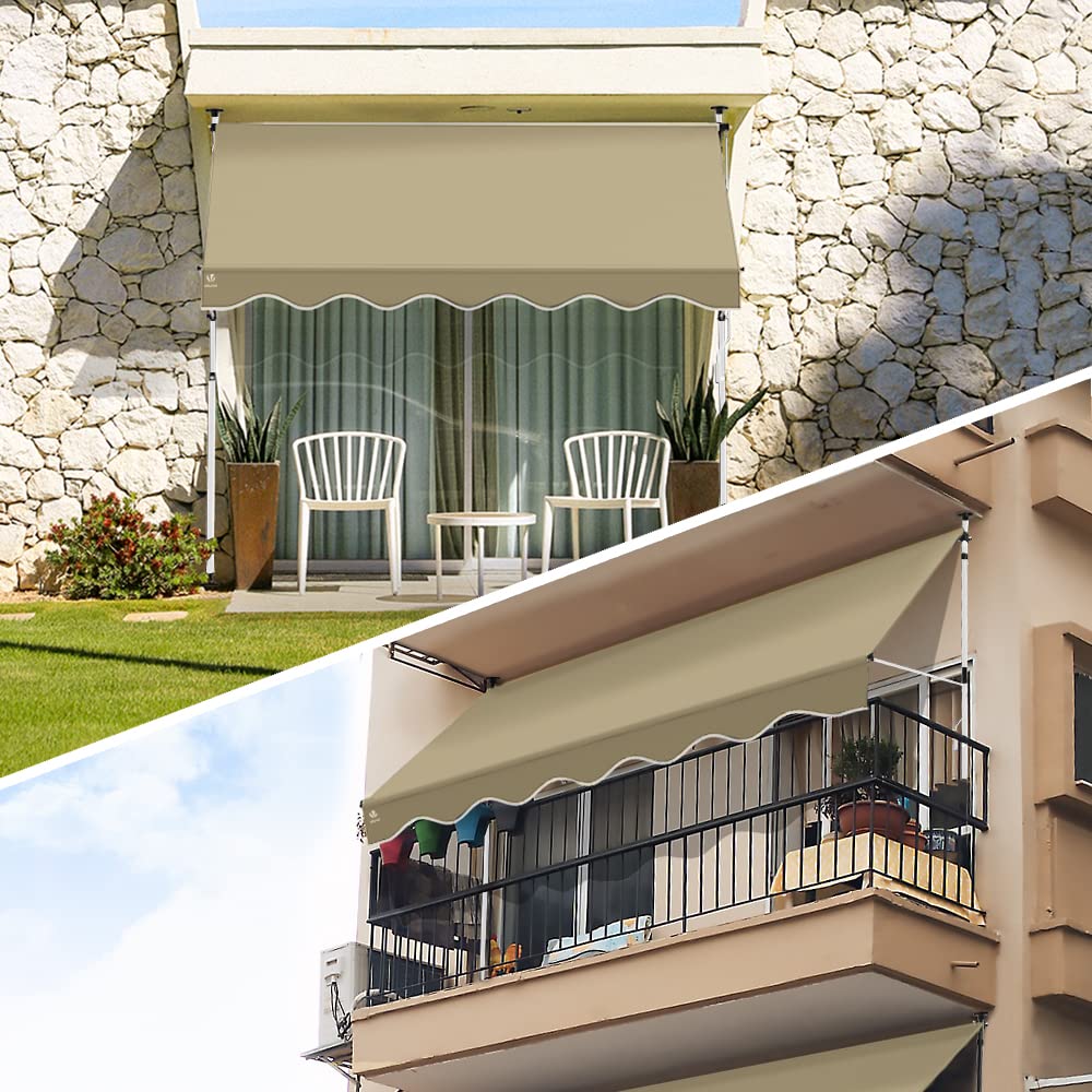 VOUNOT? 2.5 x 1.2m Patio Telescopic Awning, Retractable Manual Awning, Adjustable Waterproof Canopy with Hand Crank, Balcony Sun Shade Shelter, Beige