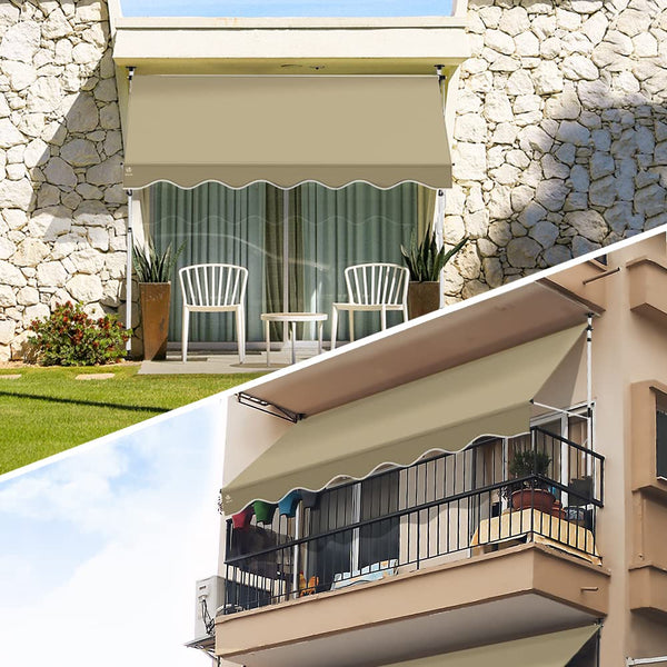 VOUNOT? 2.5 x 1.2m Patio Telescopic Awning, Retractable Manual Awning, Adjustable Waterproof Canopy with Hand Crank, Balcony Sun Shade Shelter, Beige