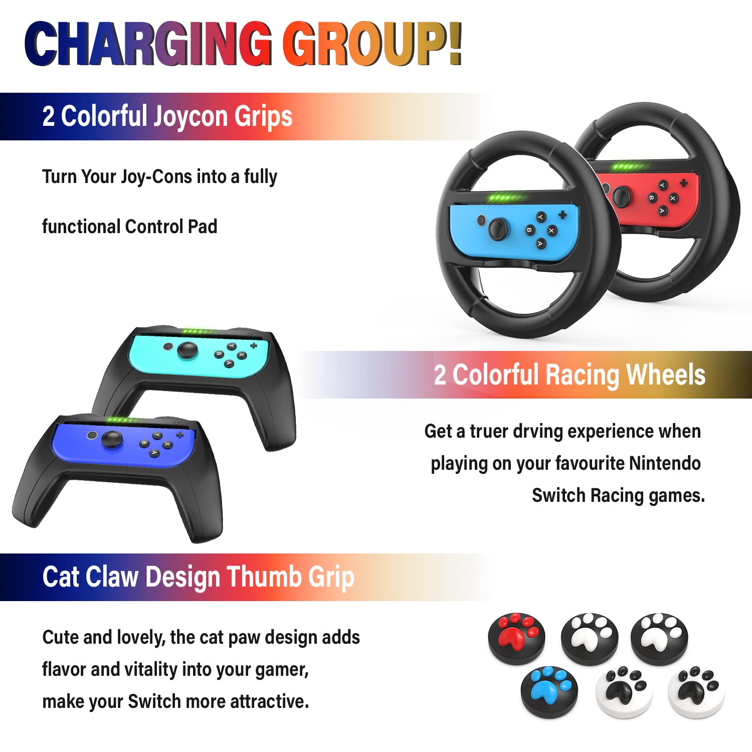 Deruitu Switch Accessories Bundle Compatible with Nintendo Switch, Kit with Carrying Case, Screen Protector, Compact Playstand, Game Case, Joystick Cap, Charging Dock,Steering Wheel