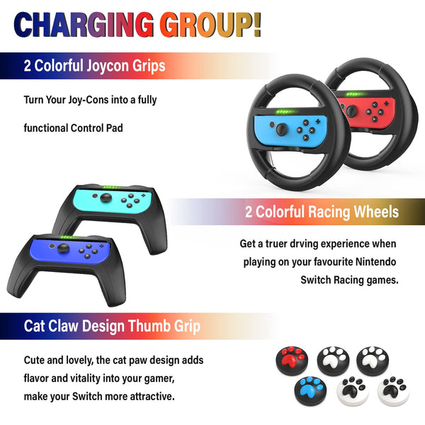 Deruitu Switch Accessories Bundle Compatible with Nintendo Switch, Kit with Carrying Case, Screen Protector, Compact Playstand, Game Case, Joystick Cap, Charging Dock,Steering Wheel