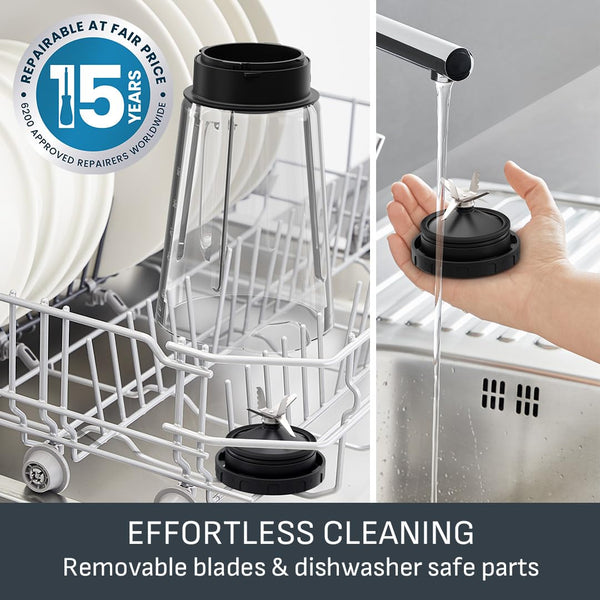 Tefal Blendforce II Blender, 2L Plastic Jug, 1.25L Effective Capacity, 600W, 4 Removable Stainless Steel Blades, Smoothie, Ice Crush, 2 Speeds + Pulse, Kitchen Shakes Maker, Black, BL420840