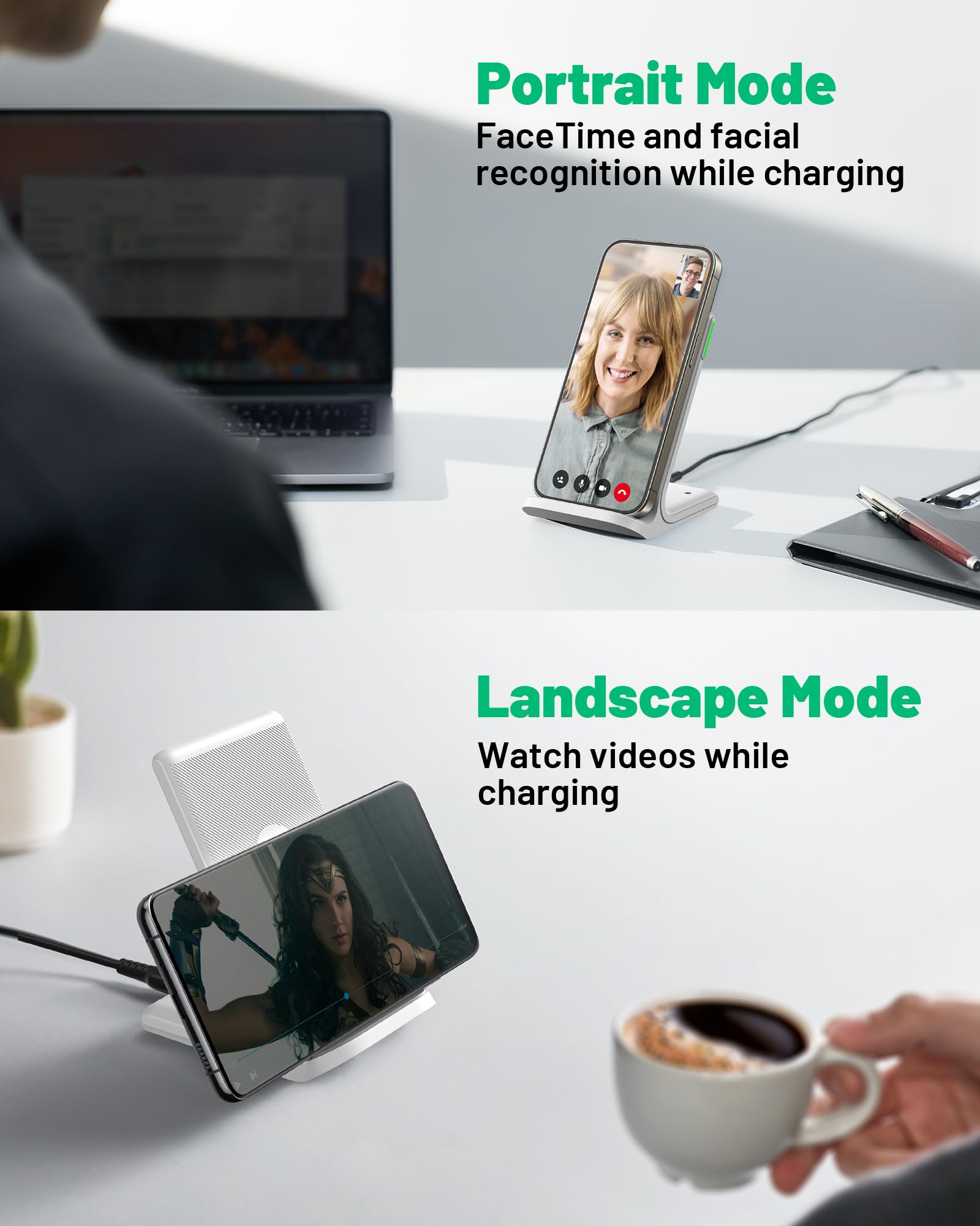 INIU Wireless Charger Stand, 15W Qi Fast Charging Dock Phone Charger, Adaptive LED Wireless Charging Station for iPhone 16 15 14 13 12 11 9 8 XR, Samsung S22 S21 S10 S9, LG V40 G8, Pixel 8 7 6 etc.