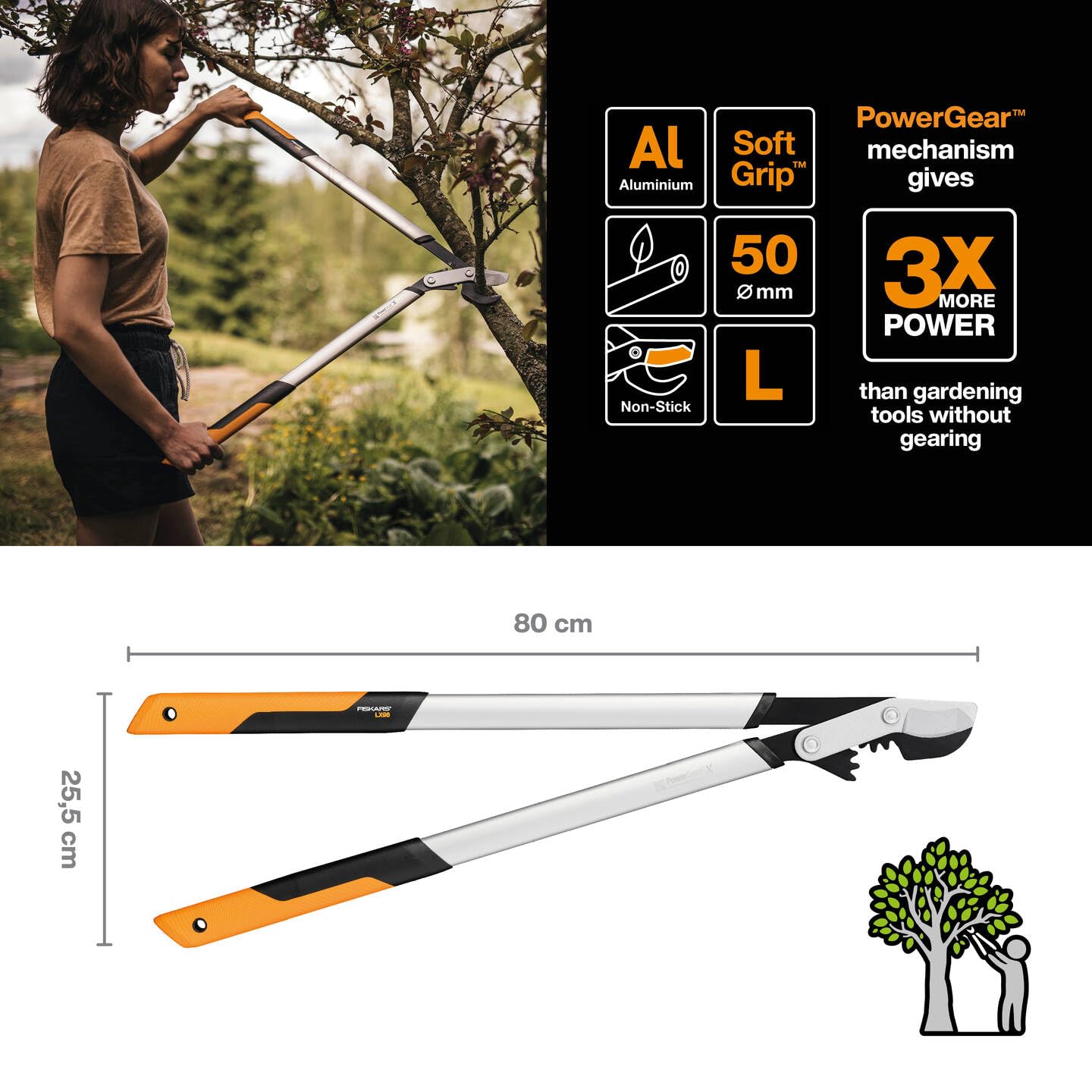 Fiskars PowerGear X Loppers Bypass L LX98, Fresh Wood Cutter with Sharp Blades, size L, Non-stick coating, Cutting diameter: 5 cm, Hardened steel,