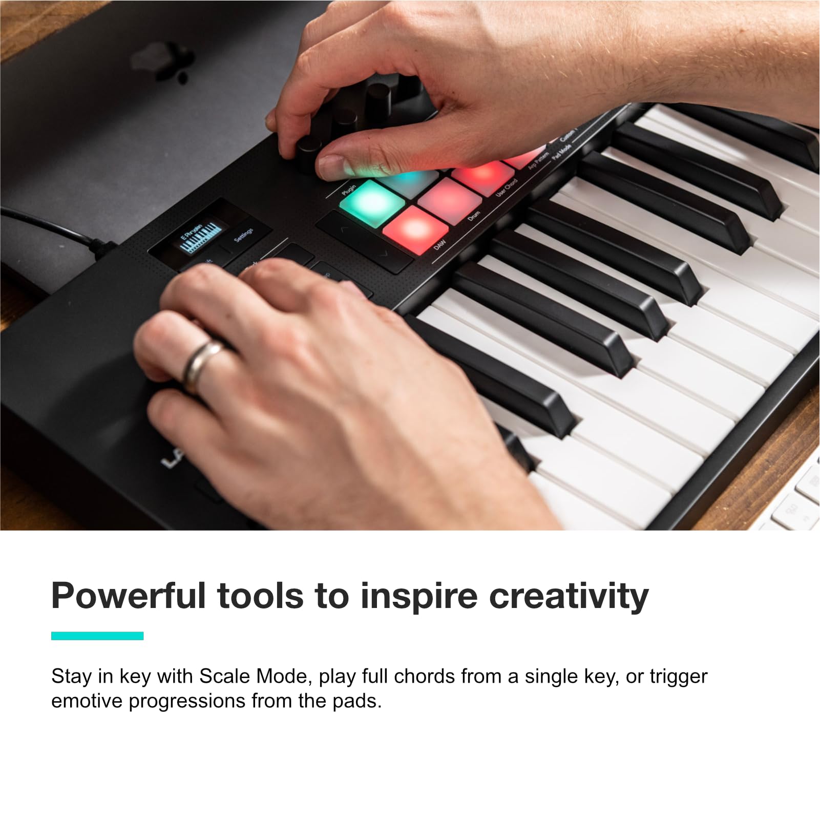 Novation Launchkey Mini 25 [MK4] — Portable 25 Mini-Key, USB, MIDI Keyboard Controller with DAW Integration. Chord Mode, Scale Mode, Drum Pads, and Arpeggiator. Includes Music Creation Software Bundle