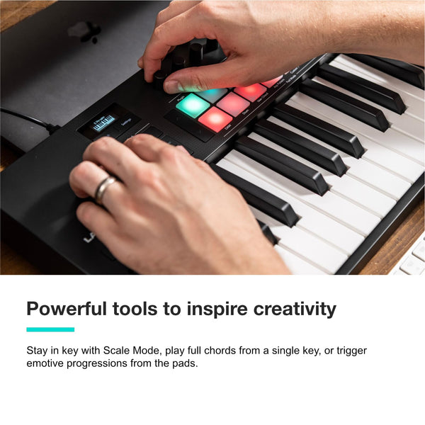 Novation Launchkey Mini 25 [MK4] — Portable 25 Mini-Key, USB, MIDI Keyboard Controller with DAW Integration. Chord Mode, Scale Mode, Drum Pads, and Arpeggiator. Includes Music Creation Software Bundle