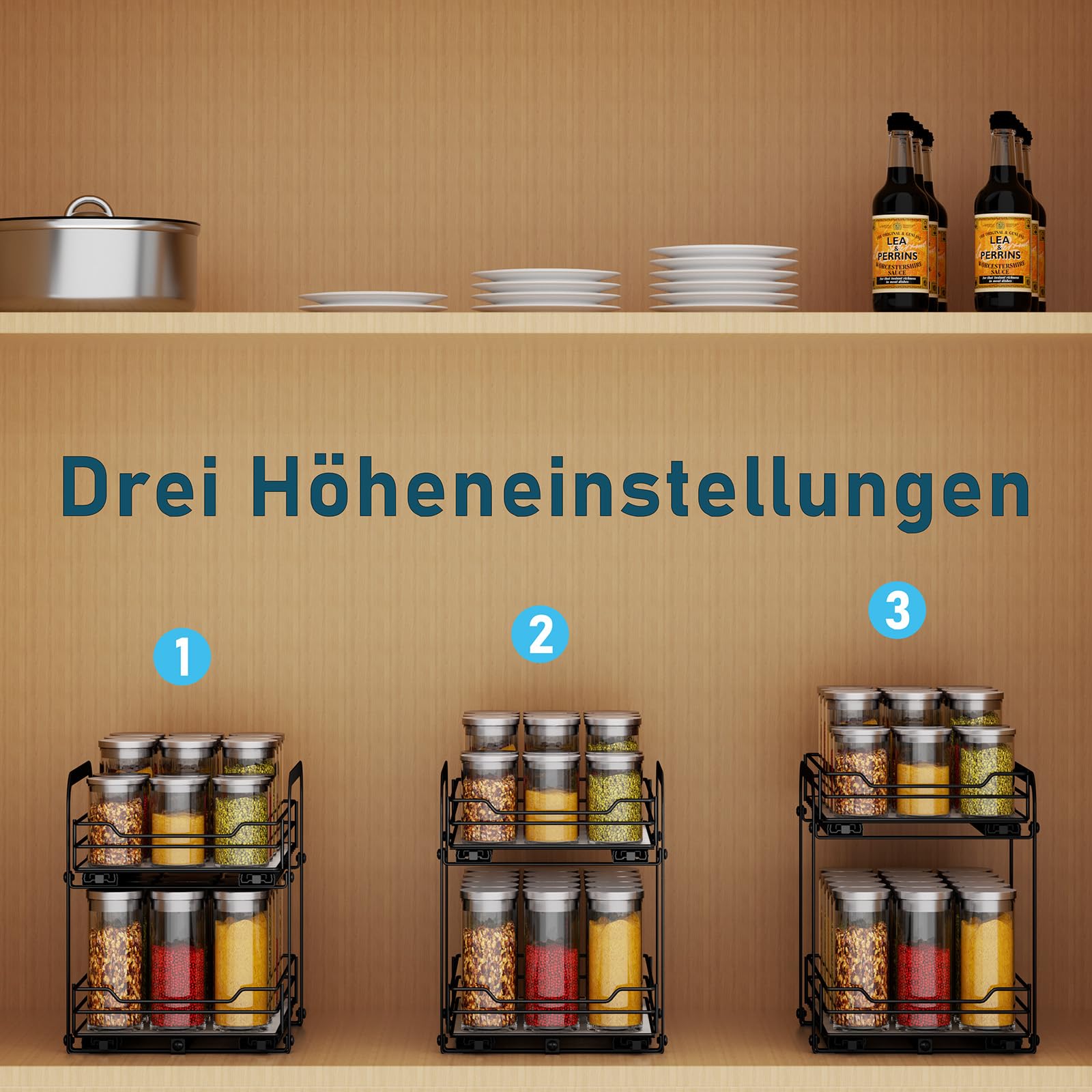 MAYZOLOP 2-Tier Pull Out Spice Rack With Adjustable Height for Inside Cupboard, Metal Kitchen Organiser, Storage Rack, 7.2in W x 10.4in L x 9in H