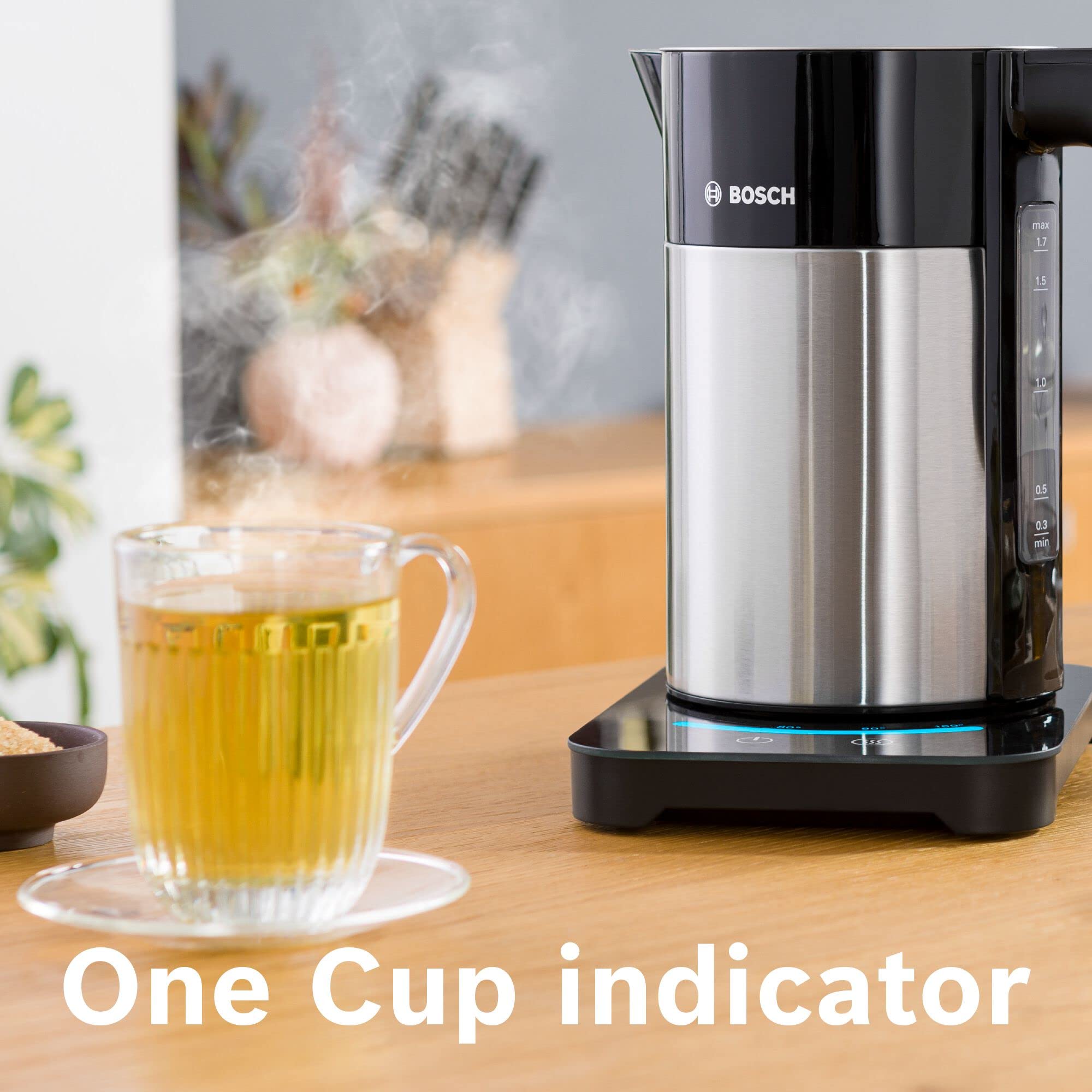 Bosch Sky TWK7203GB 7 Variable Temperature settings & KeepWarm function, Cordless Kettle, 1.7 Litres, Black/Silver