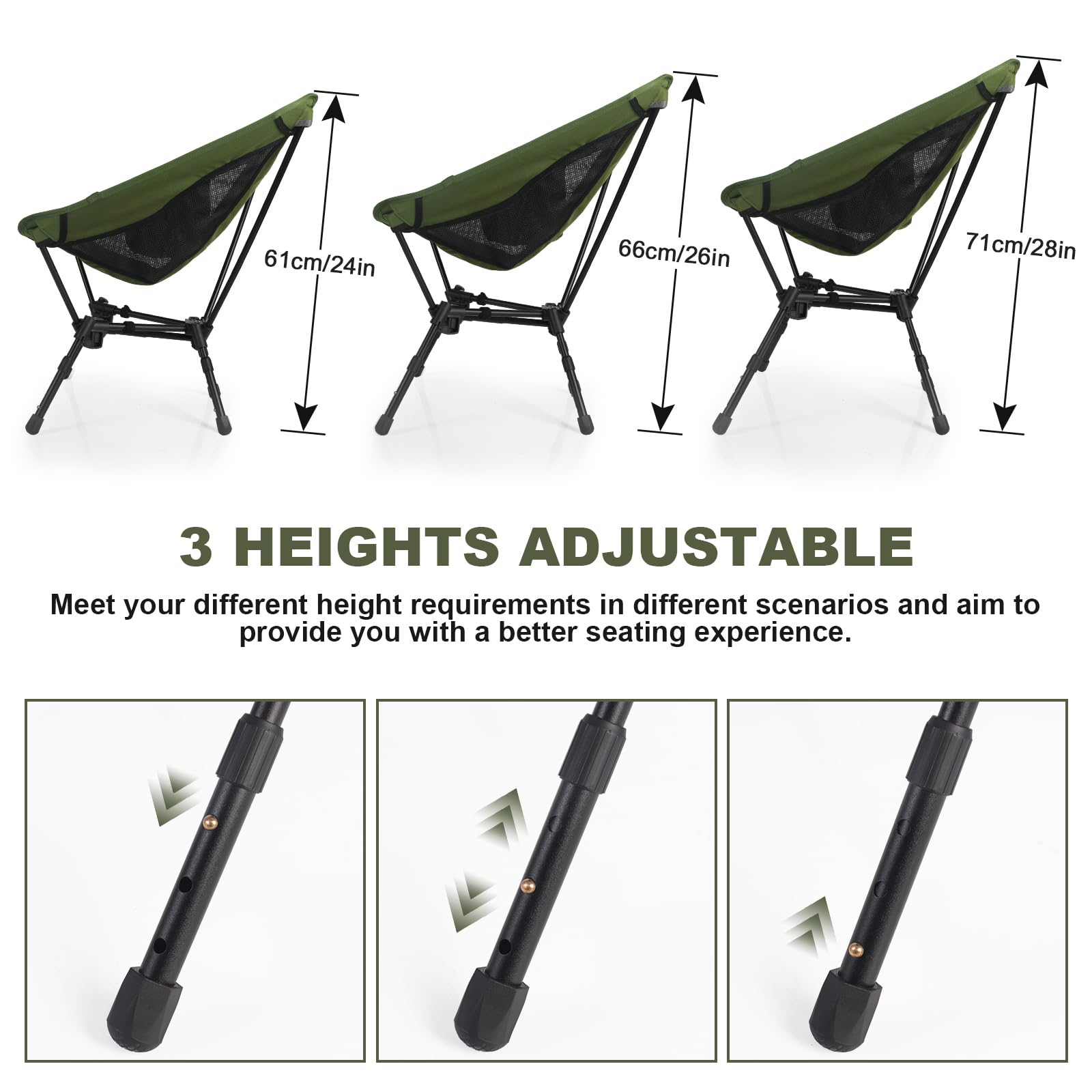 Portable Folding Camping Chair: Lightweight Height Adjustable Camping Chairs Stable Supports 330 Lbs with Side Pockets for Outdoor Camp, Travel, Beach, Lawn (Black)