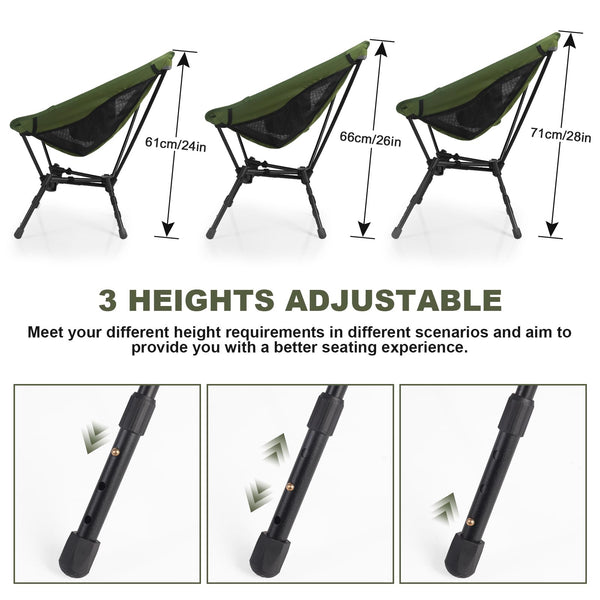 Portable Folding Camping Chair: Lightweight Height Adjustable Camping Chairs Stable Supports 330 Lbs with Side Pockets for Outdoor Camp, Travel, Beach, Lawn (Black)