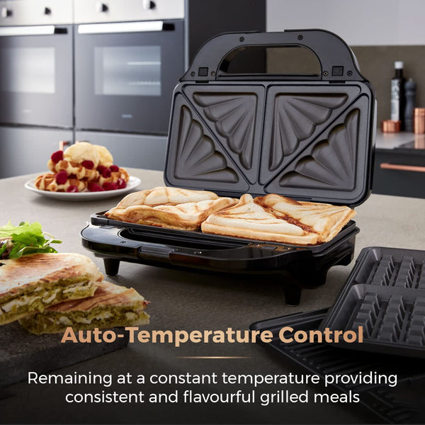 Tower T27032 3-in-1 Deep Filled Snack Maker with Non-Stick Coated Plate and Automatic Temperature Control, 900W, Stainless Steel