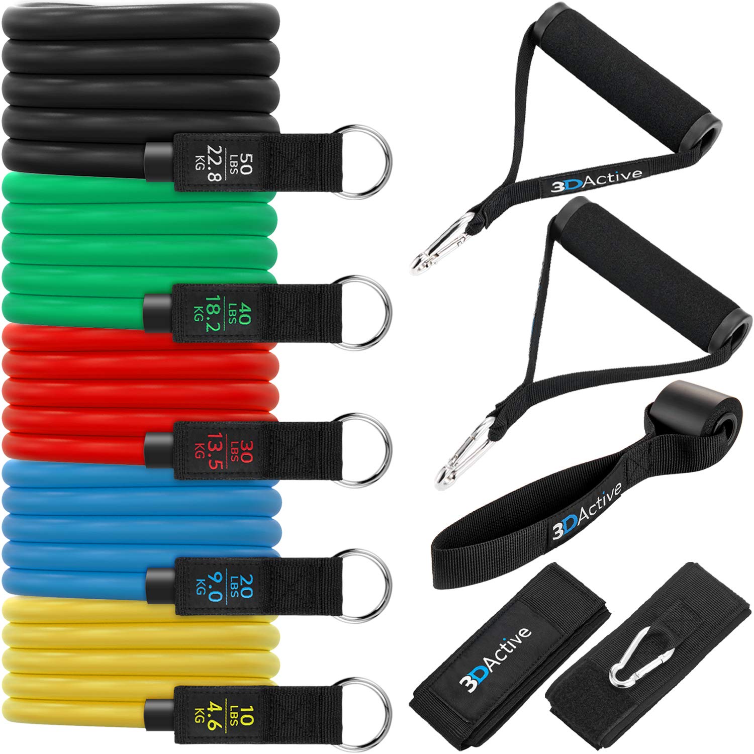 3DActive Resistance Bands Set for Home Gym Workouts, 5 Stackable Exercise Bands for Strength Training, Full-Body Workouts with Door Anchor, Ankle
