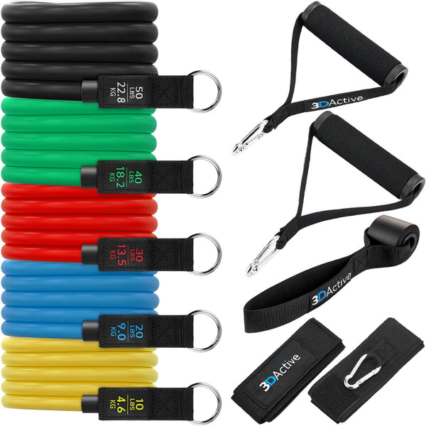 3DActive Resistance Bands Set for Home Gym Workouts, 5 Stackable Exercise Bands for Strength Training, Full-Body Workouts with Door Anchor, Ankle