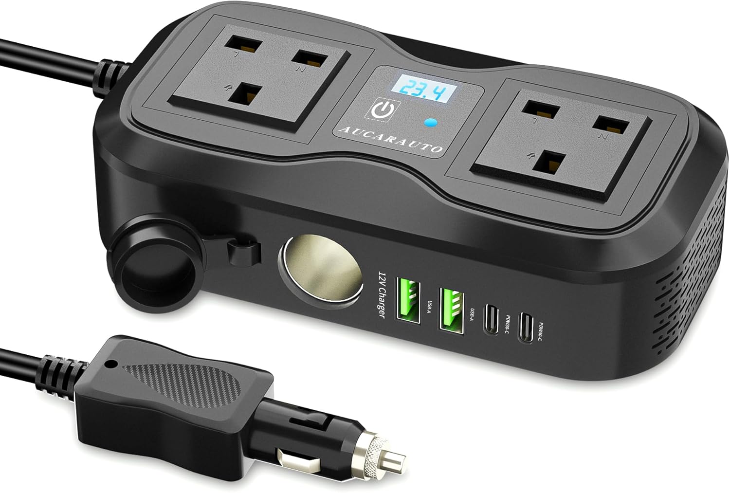 AUCARAUTO 7 in 1 Multi Car Power Inverter 200W 12V to 240V Voltage Converter with LED Voltmeter, 4-Port PD/QC3.0 USB Charge, 3-Pin Sockets and Cigarette Lighter Splitter, USB C Car Charger for Laptop