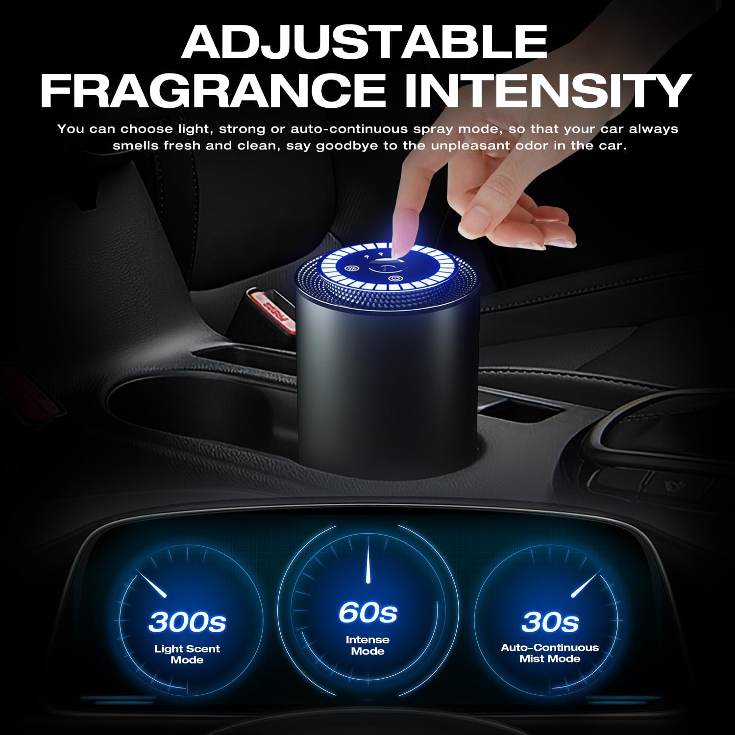 SALUBRITO Smart Car Air Fresheners with Rhythmic Atmosphere Light, Car Aroma Diffuser with 50ml Cologne Perfume, Auto On/Off, Intelligent Induction Vibration, Battery Powered, 4 Month Supply, Black