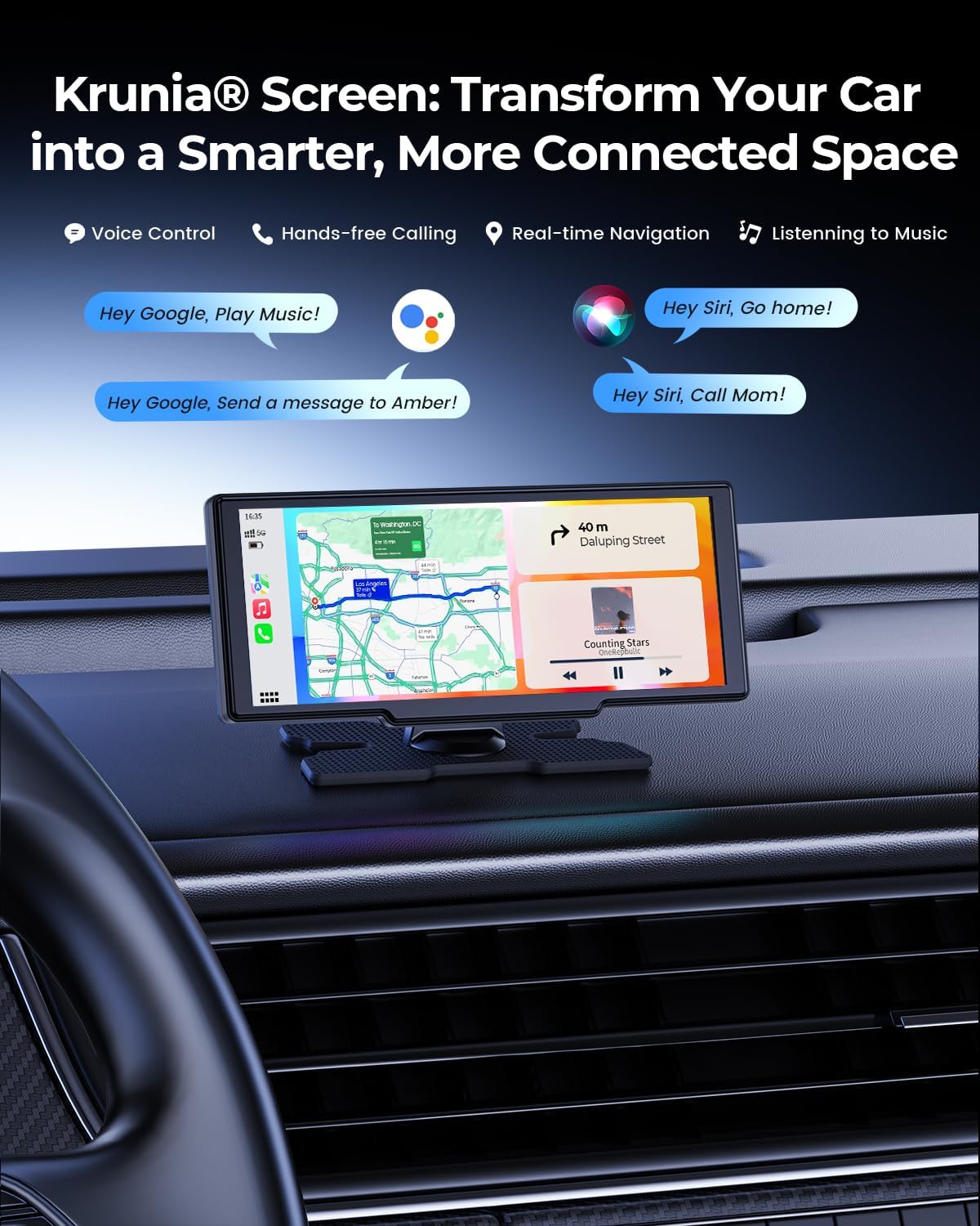 Krunia 8.1" Wireless Portable 60FPS Car Play Screen for Apple CarPlay & Android Auto, OTA Updates, Backup Camera, Mirror Link, Bluetooth, Voice Control, GPS Navigation