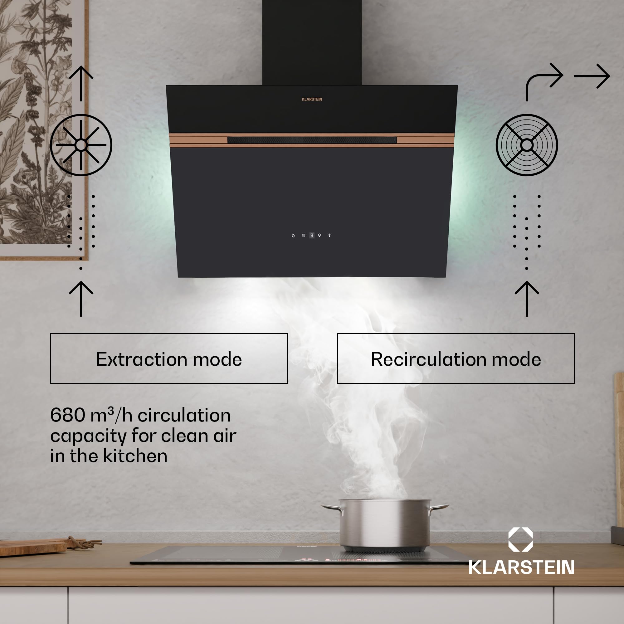 Klarstein Alina 90 Angled Cooker Hood - 600m³/h Air Flow, Touch Panel, LED Backlighting, Quiet 63dB, Energy Class A, 90cm Extractor Hood, Black