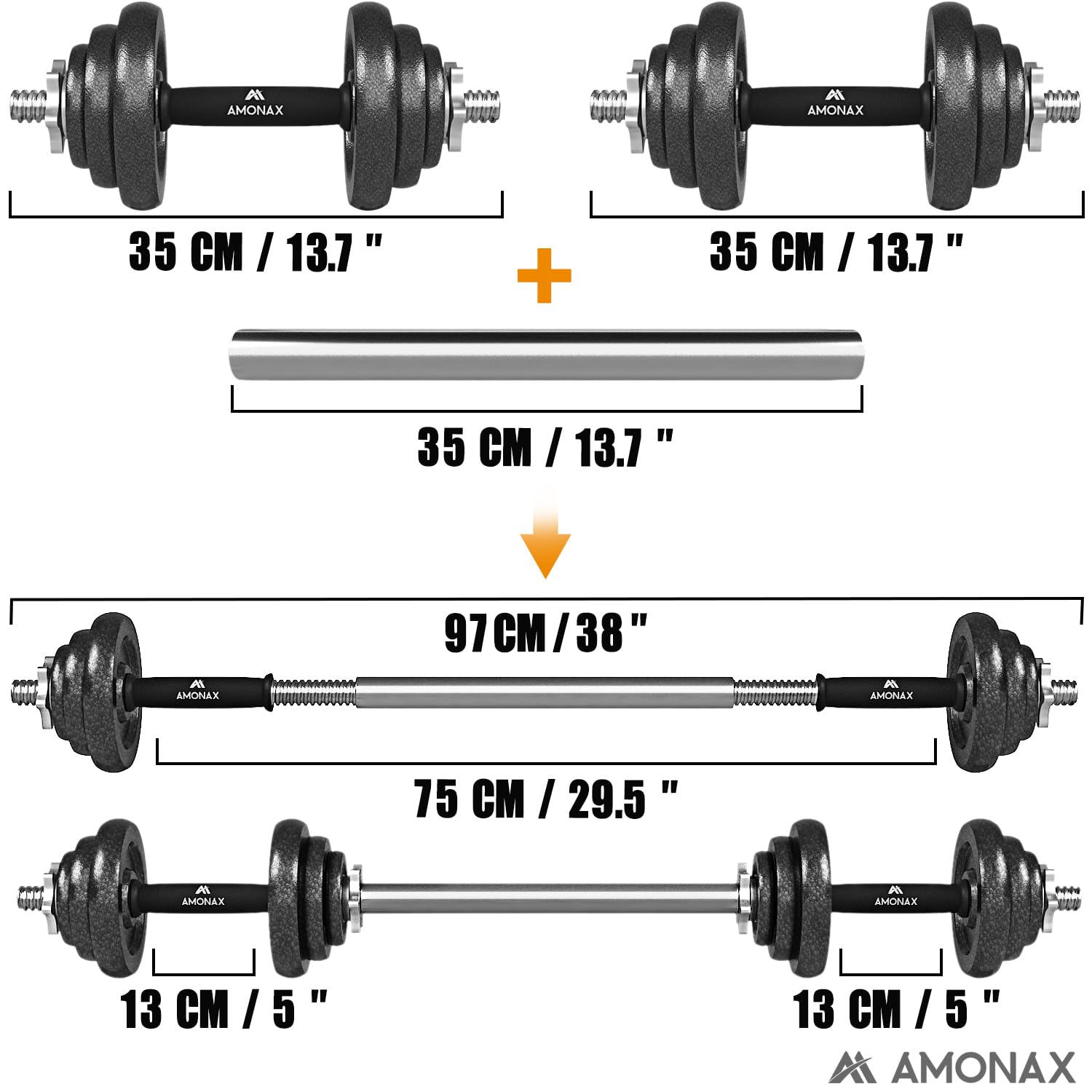 Amonax 20kg Cast Iron Adjustable Dumbbells Weight Set, Barbell Set Men Women, Strength Training Equipment Home Gym Fitness, Dumbell Pair Hand , Bar