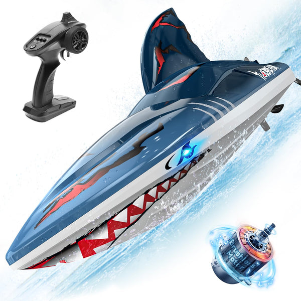 DEERC Fast Brushless RC Shark Boat for Adults, 30+MPH 3S High Speed Remote Control Speed Boat with LED Lights, Summer Toy Gift for Kids