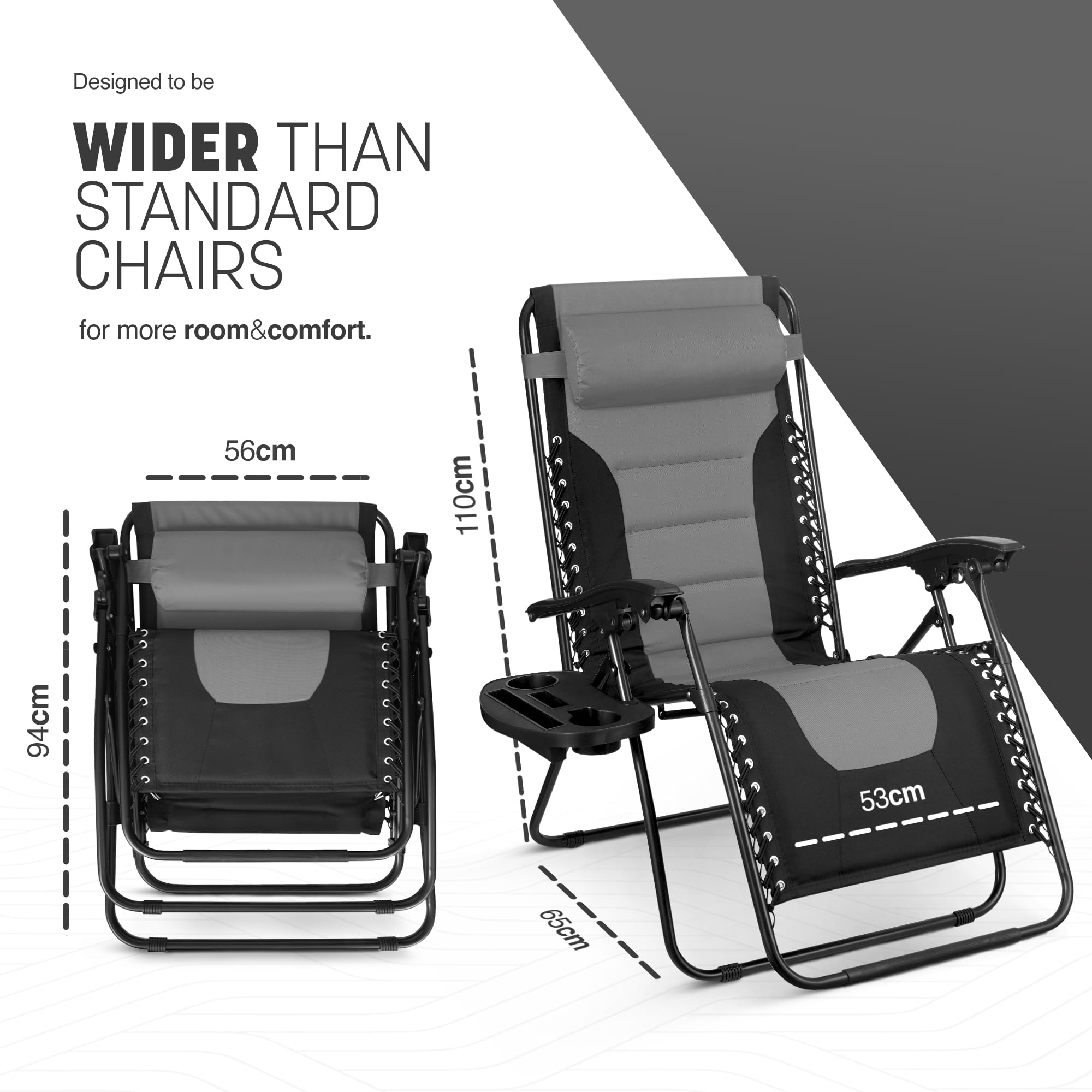 KEPLIN Set of 2 XXL Premium Heavy Duty Padded Zero Gravity Chairs - Luxurious Garden Recliners, Adjustable Headrest, Cup & Phone Holder, Foldable, Easy to Clean Patio Sun Loungers(Black)
