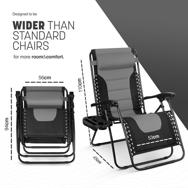 KEPLIN Set of 2 XXL Premium Heavy Duty Padded Zero Gravity Chairs - Luxurious Garden Recliners, Adjustable Headrest, Cup & Phone Holder, Foldable, Easy to Clean Patio Sun Loungers(Black)