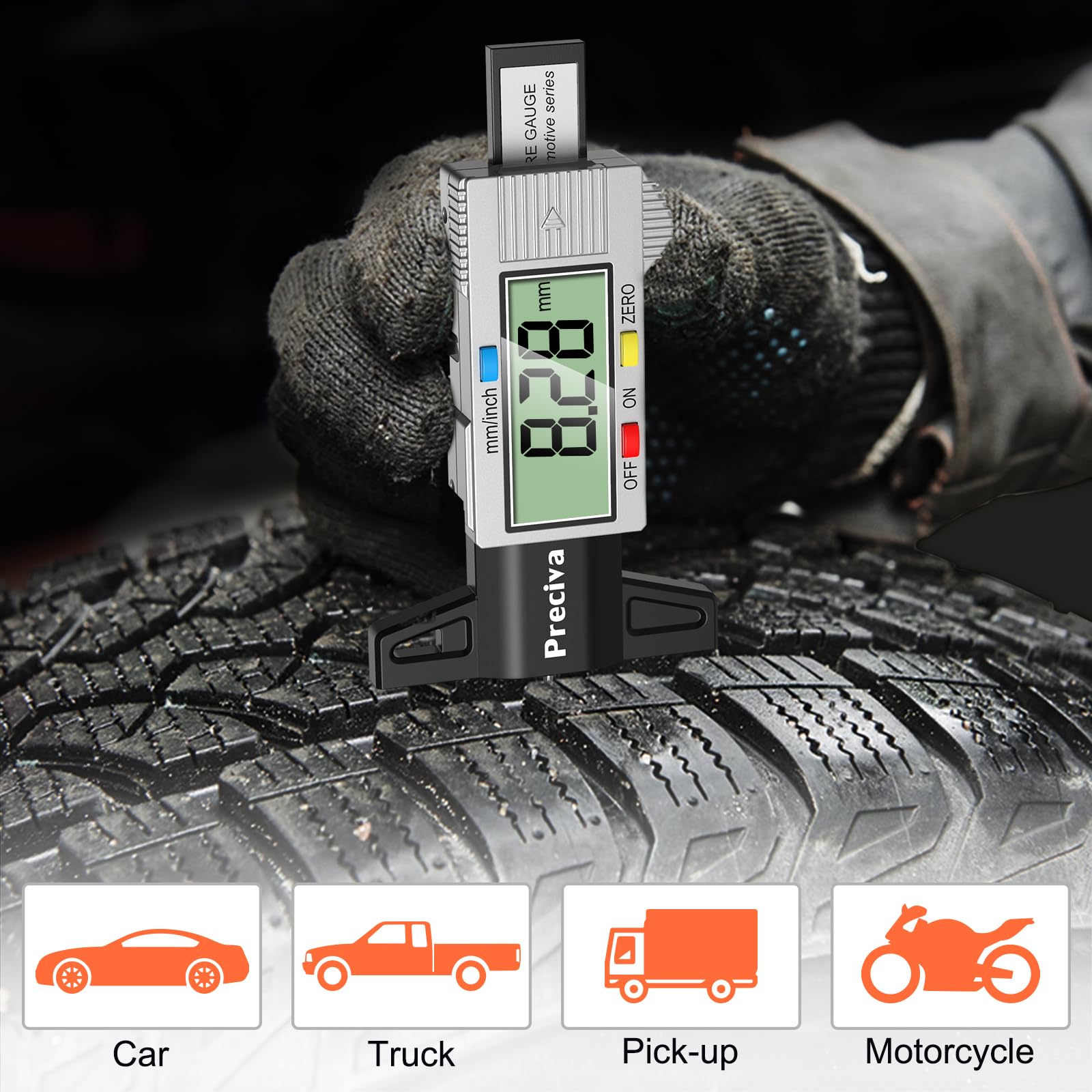 Tyre Tread Depth Gauge, Preciva Silver 0-25.4mm/Inch Digital Tire Checker UK, Tyres Depths Measuring Tool with Large LCD Screen for Cars, Trucks, Vans