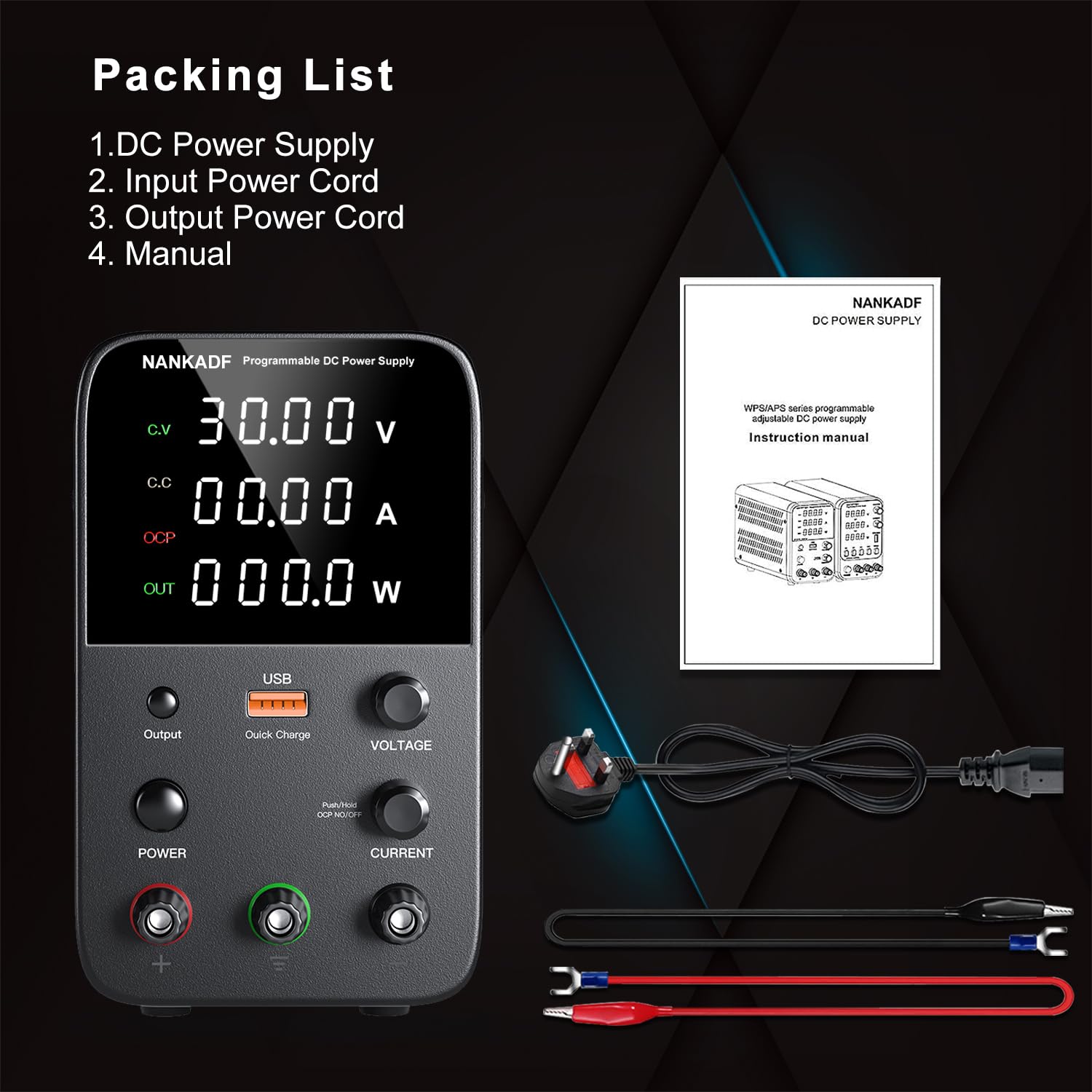 DC power supply (0-30V,0-10A) adjustable, switching power supplies, mini high precision 4-digit display with USB fast charging interface, variable lab bench power supply, output button/encoder knob