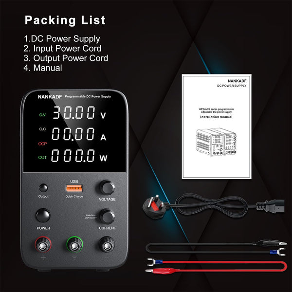 DC power supply (0-30V,0-10A) adjustable, switching power supplies, mini high precision 4-digit display with USB fast charging interface, variable lab bench power supply, output button/encoder knob