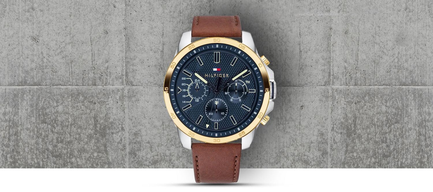 Tommy Hilfiger Analogue Multifunction Quartz Watch for Men with Silicone, Stainless Steel or Leather Bracelet, Day & Date Sub-Dials, 5ATM Water Resistant