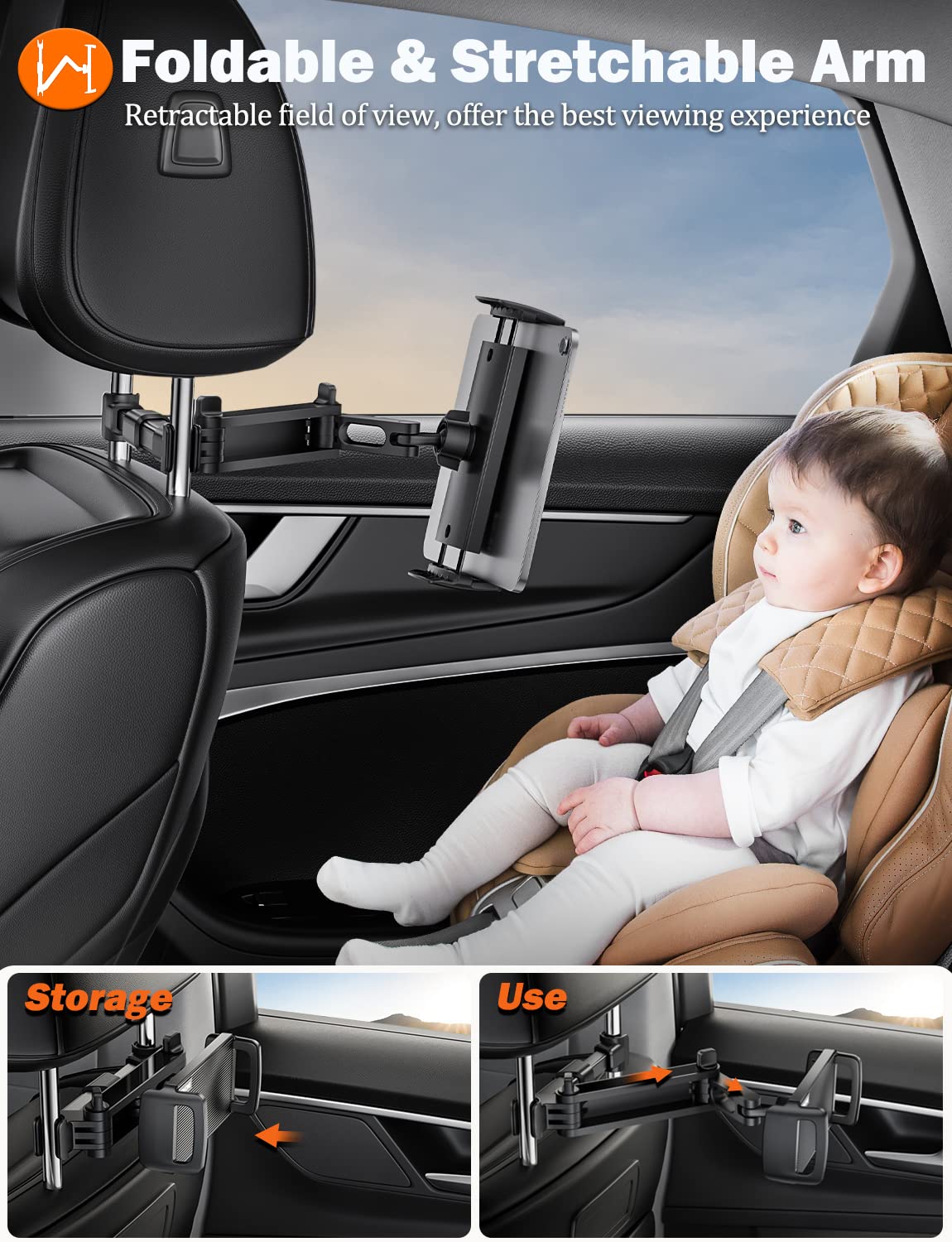 TRYONE Car Headrest Tablet Holder Mount Stretchable Backseat Tablets Stand for Kids, Car Seat Mounts Compatible with iPad Pro 12.9 Air Mini, iPhone, Galaxy Tab, Switch, All 4.7-12.9" Screen Devices