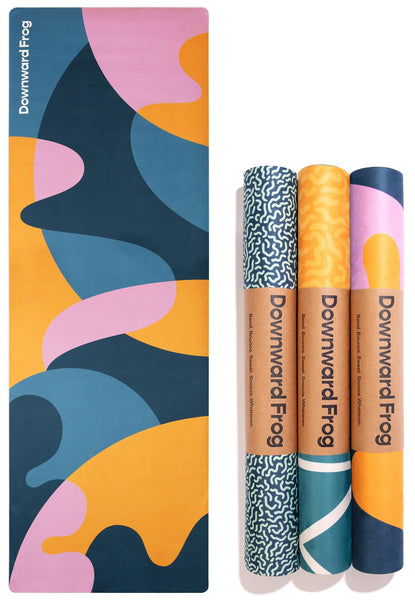 Downward Frog Printed Yoga Mat for Bikram, Hot Yoga, Fitness & Pilates - Light, Foldable, Travel Mat - Eco Natural Rubber, Vegan, Microfibre Towel