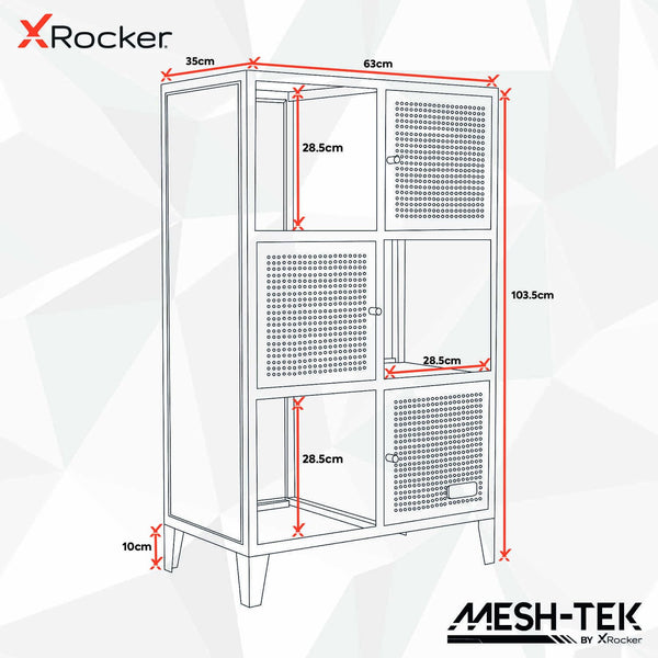 X-Rocker Mesh-Tek Tall 6 Cube Storage Unit, Bookcase Display Cabinet with 3 Cupboard Doors and 3 Shelves, Metal Sideboard Locker - Black & Red