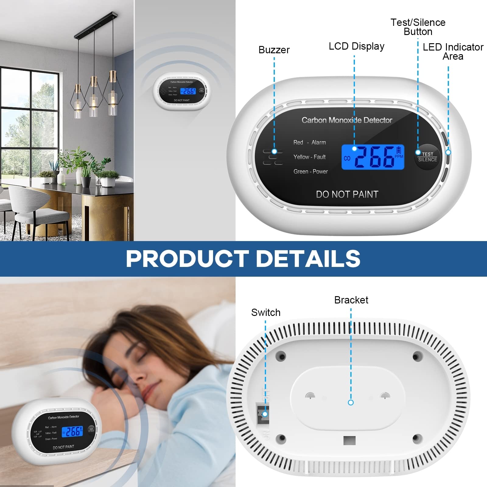 Carbon Monoxide Detector with LCD Digital Display, CE Certified CO Alarm with Sealed in 10 Year Battery, Standalone Audible CO Detector for Home,Black,1 Pack