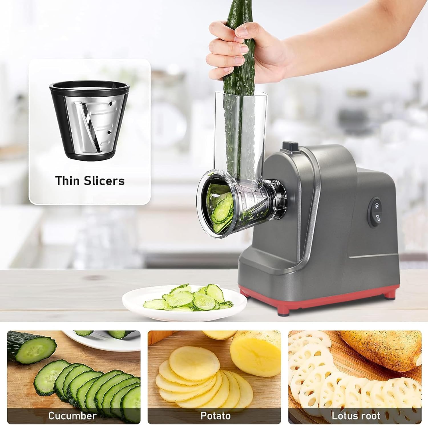 ABsuper Electric Cheese Grater Vegetable Slicer - 250W Electric Rotary Grater Chopper Salad Maker with 4 Stainless Steel Drums for Cucumber, Carrot,