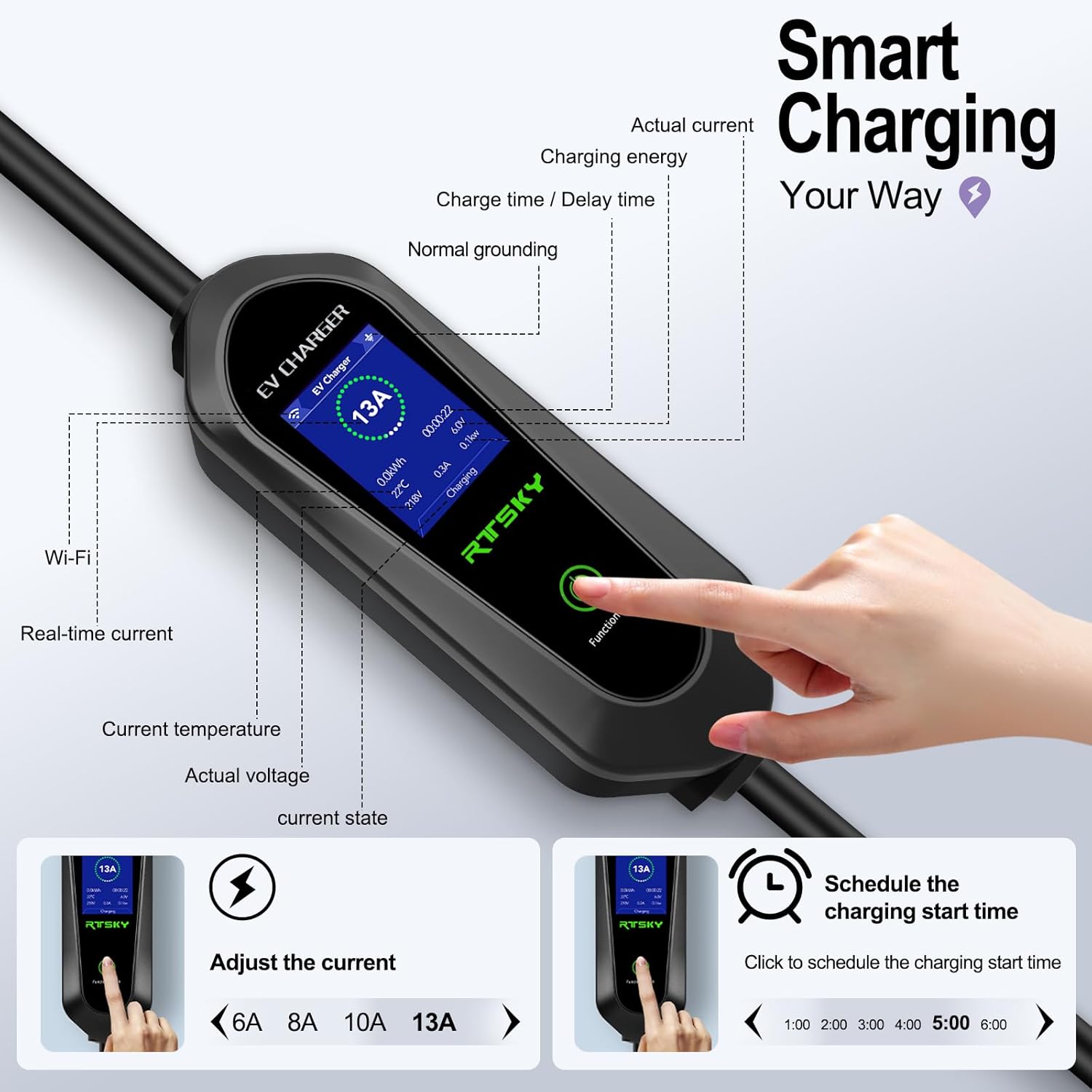 Ev Charger Cable Type 2 to 3 Pin UK Plug 10M/32.8ft, 3KW 13A with Adjustable Current, Includes UI Display Screen, Storage Bag & Wall Mount