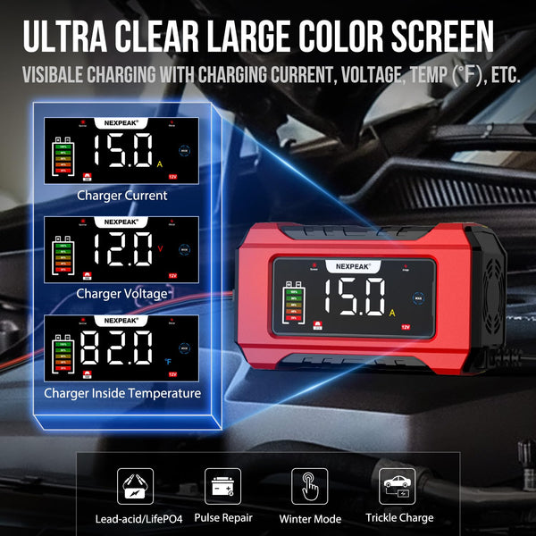 15A Car Battery Charger, 12V 15A/24V 8A Smart Fully Automatic Battery Charger with Temperature Compensation for Car Truck Motorcycle Marine Lead Acid Batteries and LiFePO4 Batteries
