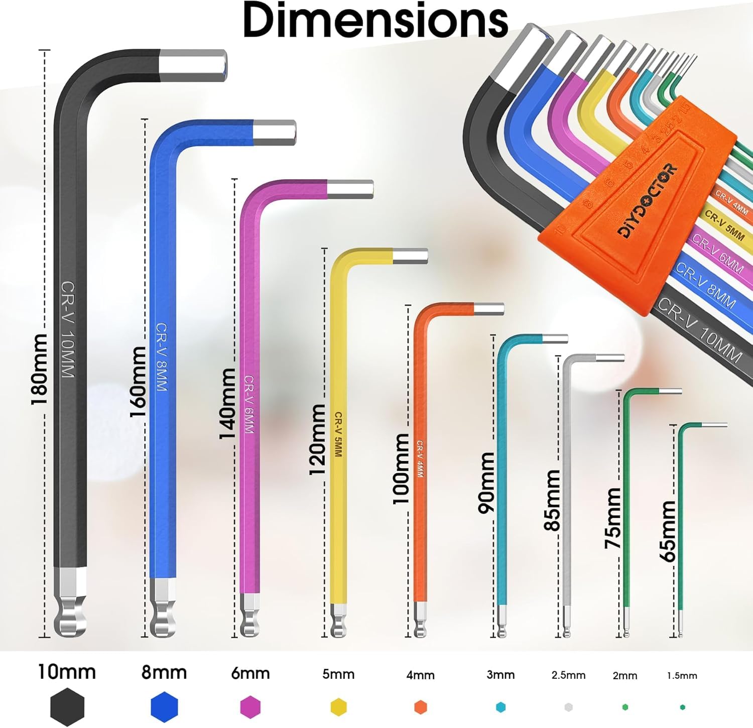 DIY Doctor Hex Key Set (9 Pieces) – Long Ball-End Allen Keys from 1.5mm to 10mm – Durable Hex Key Set