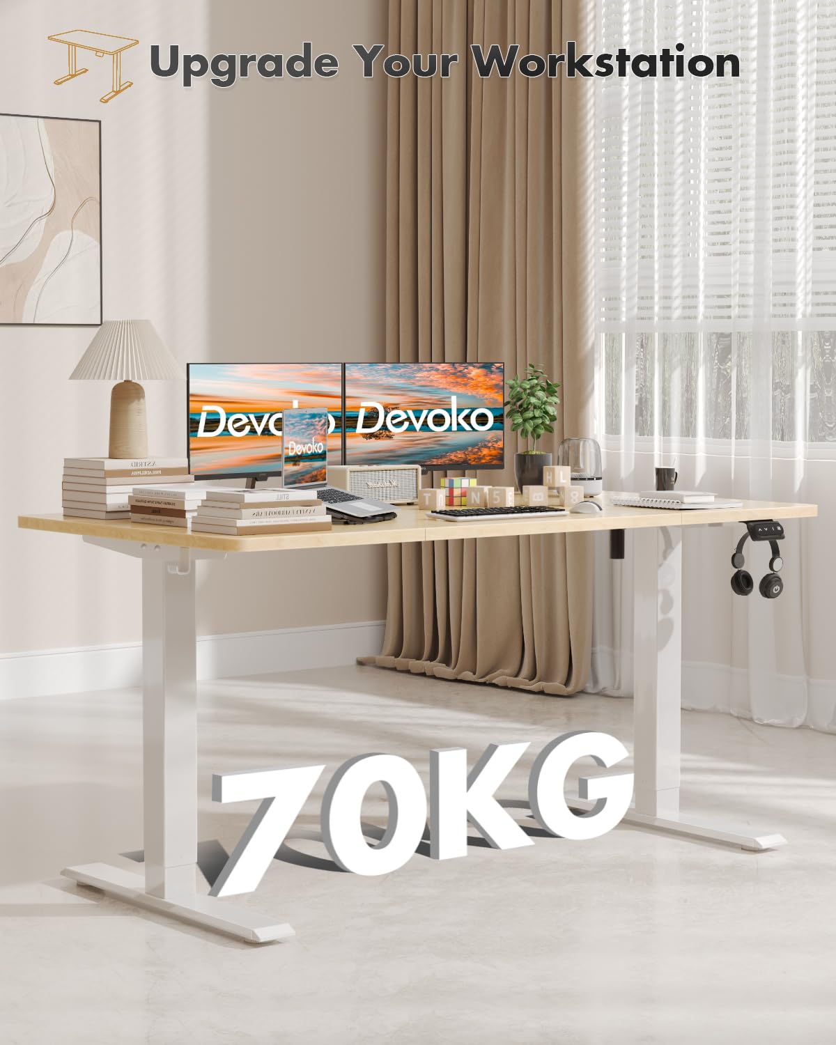 Devoko Electric Standing Desk 120x60cm Sit Stand Table Height Adjustable with Backpack Hook and Memory Smart Pannel, Home Office, White