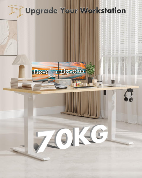 Devoko Electric Standing Desk 120x60cm Sit Stand Table Height Adjustable with Backpack Hook and Memory Smart Pannel, Home Office, White